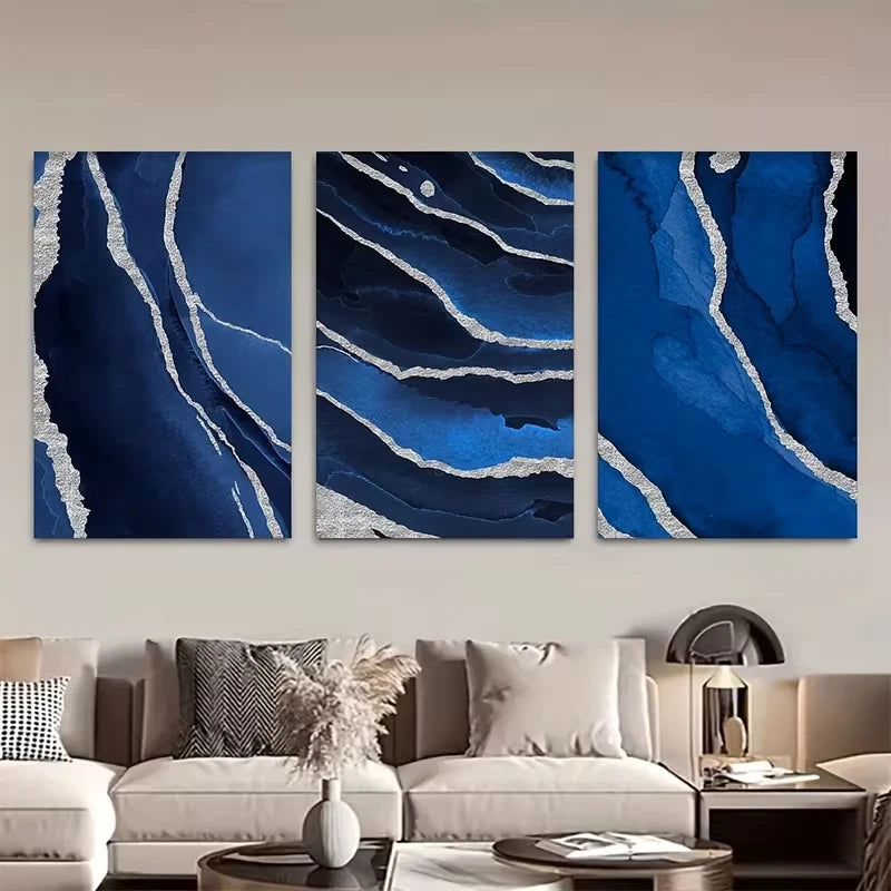 3pcs Navy Blue and Silvery Paintings Wall Art Set Canvas Framed 60x90cm - High Quality Print 100% Australian Made Wall Canvas Ready to Hang