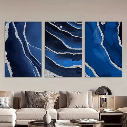 3pcs Navy Blue and Silvery Paintings Wall Art Set Canvas Framed 60x90cm - High Quality Print 100% Australian Made Wall Canvas Ready to Hang