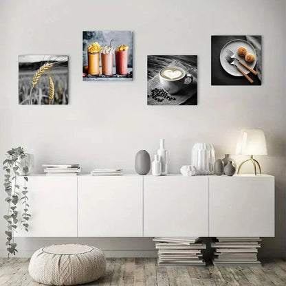 4pcs Coffee,Wheat,Smoothies,Desserts Black Wall Art Canvas Framed