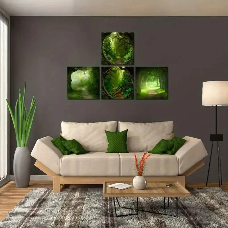 4pcs Green Forest  Wall Art Canvas Framed