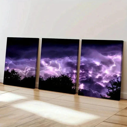 3pcs Purple Lightning Thunder Weather Wall Art Set Canvas Framed 40x60cm - High Quality Print 100% Australian Made Wall Canvas Ready to Hang
