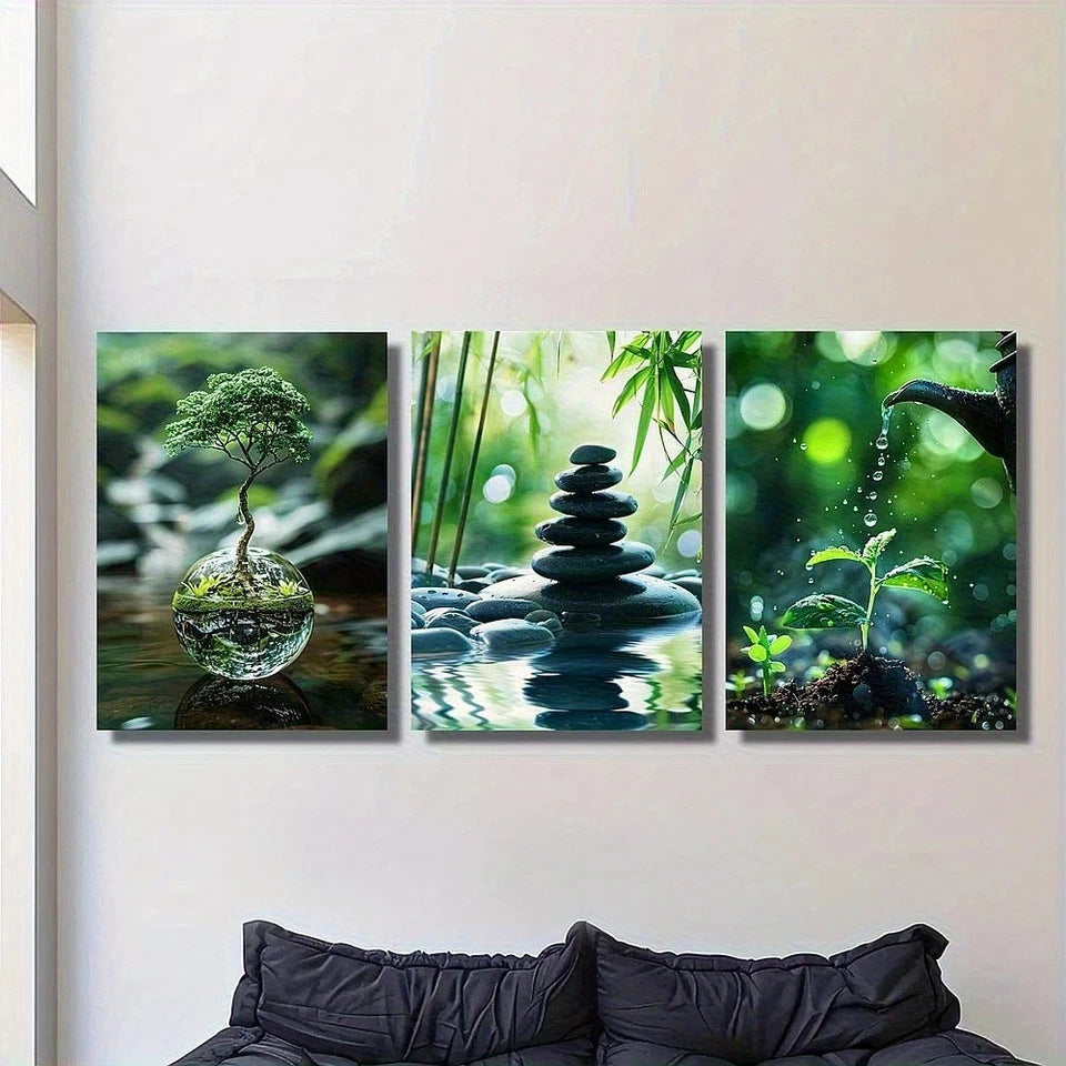 Three-panel wall art set with nature-themed images on a white wall above a black sofa.