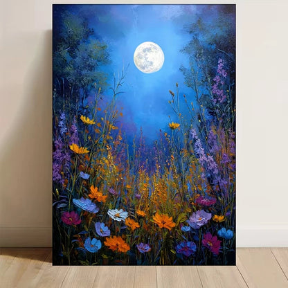 Manga Style Full Moon & Wildflowers Metal Print Ready to Hang