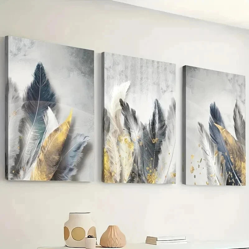 3pcs Modern Feather Light Luxury Style Wall Art Set Canvas Framed 40x60cm - High Quality Print 100% Australian Made Wall Canvas Ready to Hang