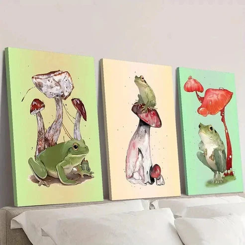 3pcs Whimsical Frog & Mushroom Decor Wall Art Canvas Unframed – High Quality Print 100% Australian Made Wall Canvas