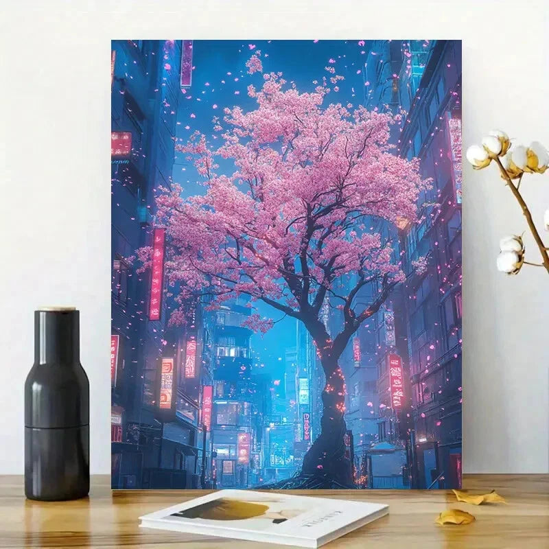 Cyberpunk Neon Cherry Blossom Vibrant Urban Night  40x60cm Metal Print Ready to Hang
