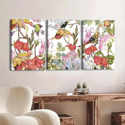 3pcs Vibrant Floral & Birds Red Flowers Parrots Wall Art Set Canvas Framed 50x70cm - High Quality Print 100% Australian Made Wall Canvas Ready to Hang