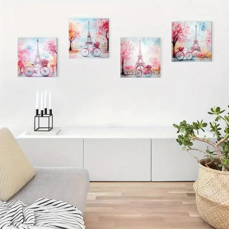 4pcs Abstract Eiffel Tower & Bicycle Posters Wall Art Canvas Framed