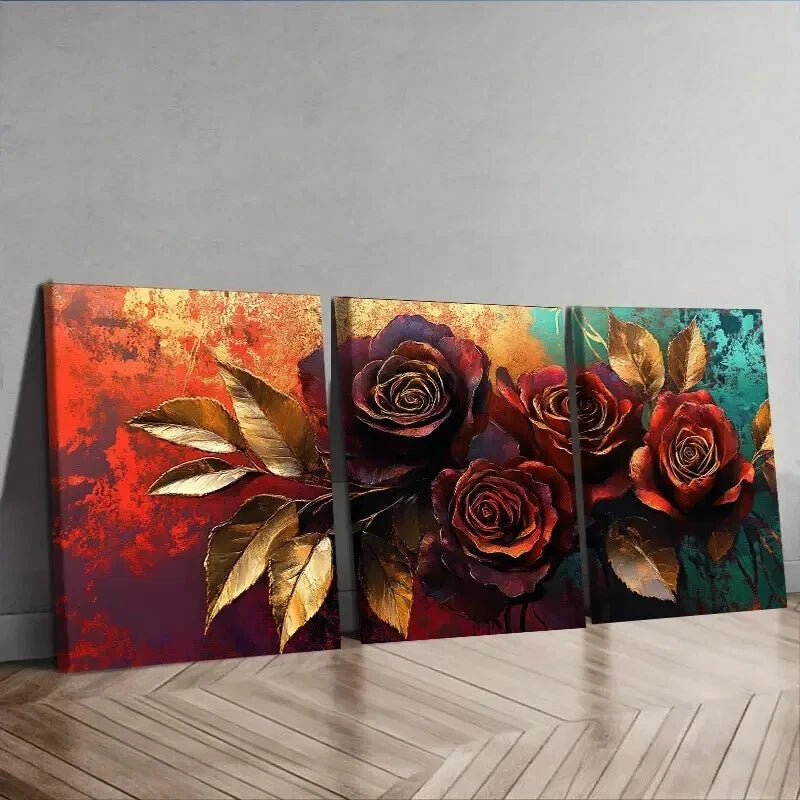 3pcs Painting Of A Rose In Golden Leaf Wall Art Set Canvas Framed 40x60cm - High Quality Print 100% Australian Made Wall Canvas Ready to Hang