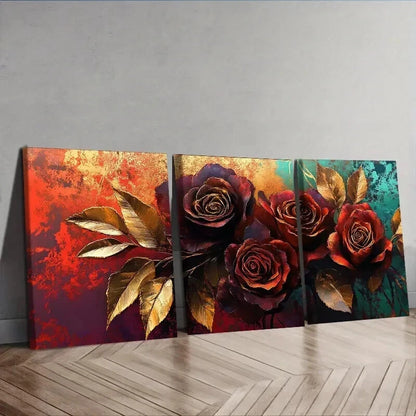3pcs Painting Of A Rose In Golden Leaf Wall Art Set Canvas Framed 40x60cm - High Quality Print 100% Australian Made Wall Canvas Ready to Hang