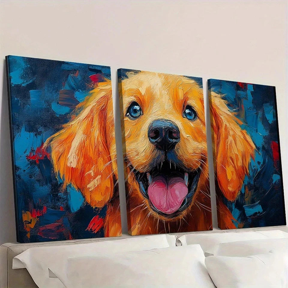 3pcs Painting Playful Dog Animal Themed Wall Art Set Canvas Framed 60x90cm - High Quality Print 100% Australian Made Wall Canvas Ready to Hang