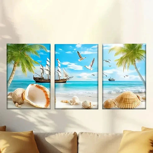 3pcs beach scene with a sail and shells Wall Art Canvas Unframed - High Quality Print 100% Australian Made Wall Canvas