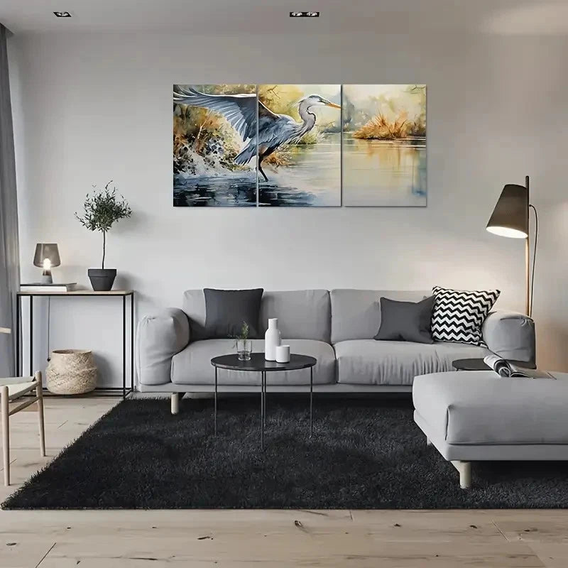 3pcs Watercolor Heron in Flight Metal Print Ready to Hang Art