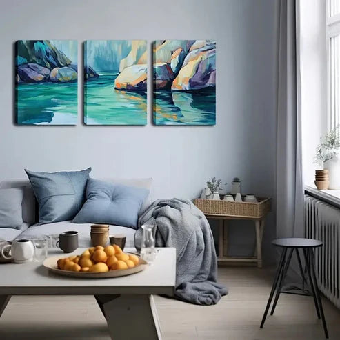 3pcs Vibrant Blue Water Rocks Design Perfect Wall Art Canvas Unframed - High Quality Print 100% Australian Made Wall Canvas