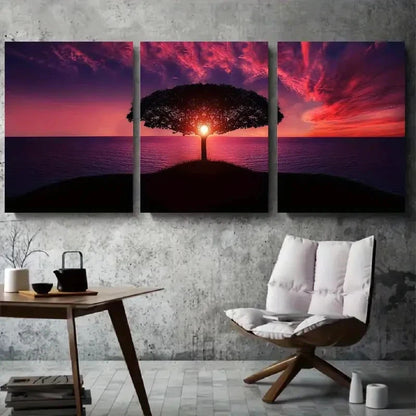 3pcs Vibrant Purple Sky & Ocean Metal Print Ready to Hang Art