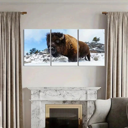3pcs American Bison in the Snow Modern Wall Art Set Canvas Framed 40x60cm - High Quality Print 100% Australian Made Wall Canvas Ready to Hang