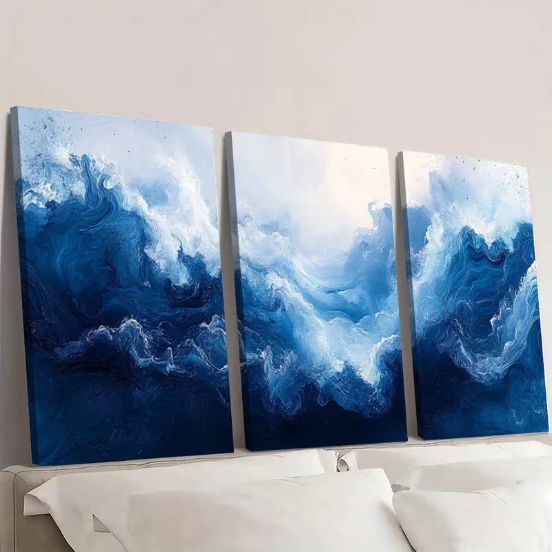 3pcs Cobalt Blue Modern Ocean Decor Painting Wall Art Set Canvas Framed 60x90cm - High Quality Print 100% Australian Made Wall Canvas Ready to Hang