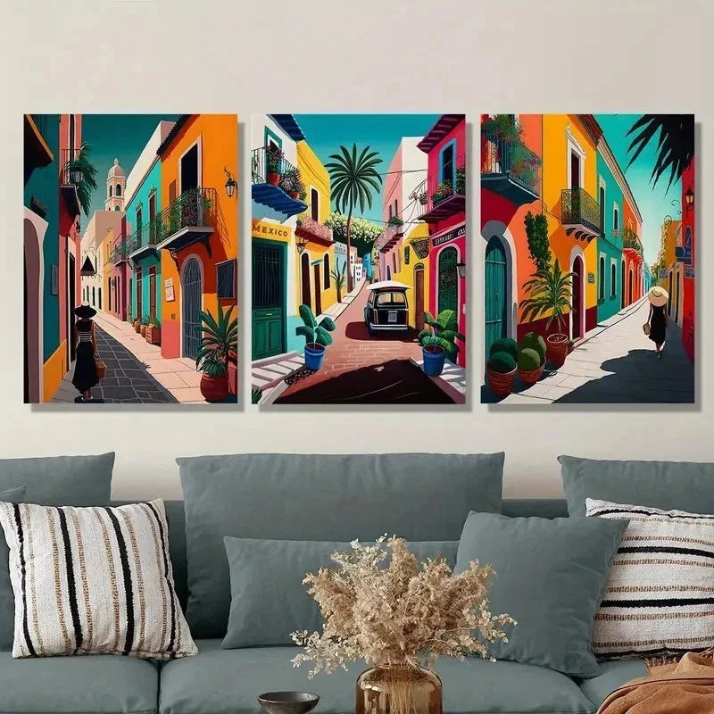 3pcs Colorful Retro Mexican Street Mural Perfect Wall Art Set Canvas Framed 40x60cm - High Quality Print 100% Australian Made Wall Canvas Ready to Hang