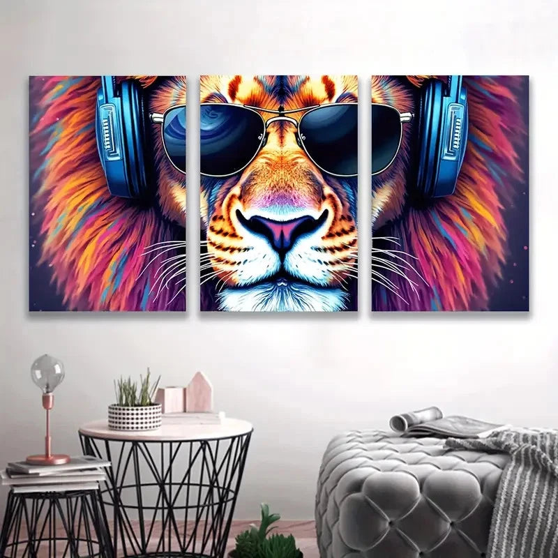 3pcs Lion with Headphones & Fashion Glasses I Wall Art Set Canvas Framed 60x90cm - High Quality Print 100% Australian Made Wall Canvas Ready to Hang