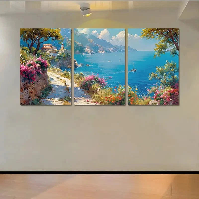 3pcs Vibrant Mediterranean Coastal Village Sea Wall Art Set Canvas Framed 40x60cm - High Quality Print 100% Australian Made Wall Canvas Ready to Hang
