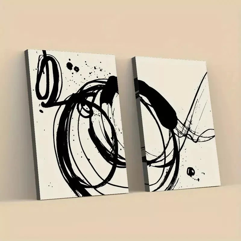 2 Piece Abstract Black Ink Art Framed 50x75cm - High Quality Print 100% Australian Made Wall Canvas Ready to Hang - Bella Home Decor