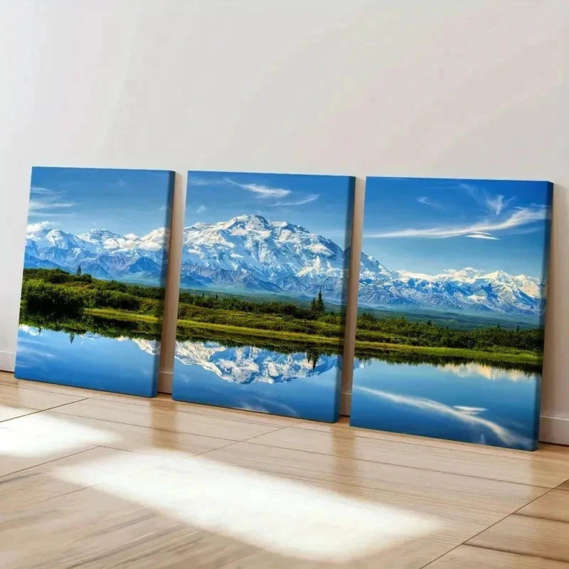 3pcs Snow Mountains Grassland & River Wall Art Set Canvas Framed 40x60cm - High Quality Print 100% Australian Made Wall Canvas Ready to Hang