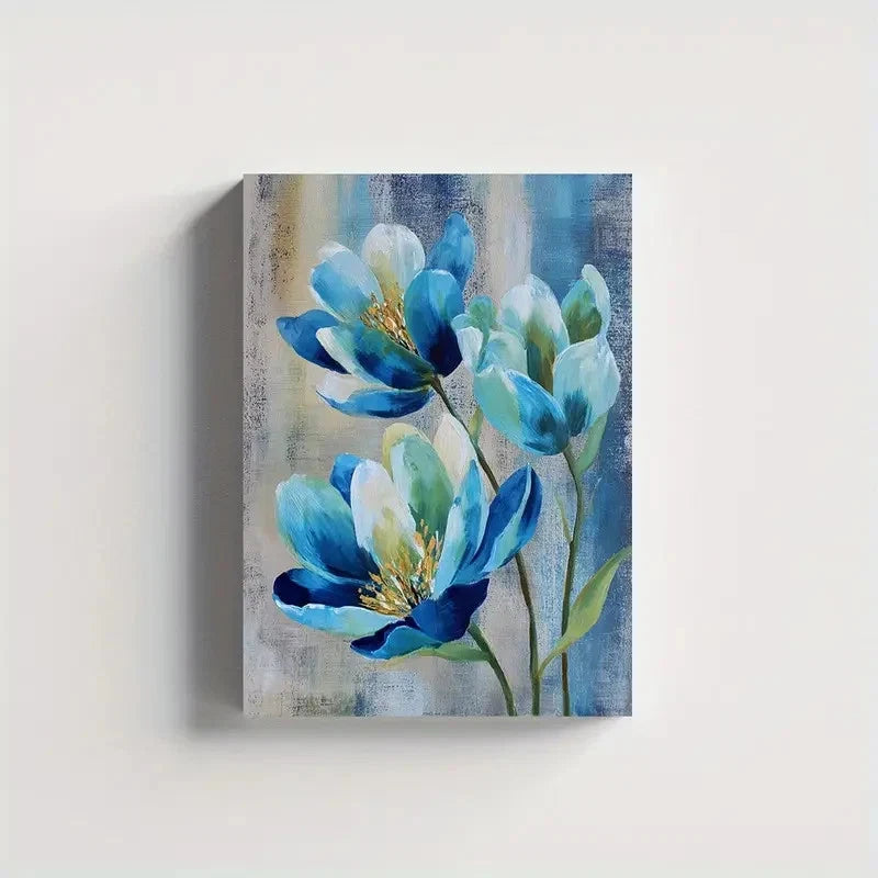 Beautiful Vibrant Blue & Green Flowers Painting 40x60cm Metal Print Ready to Hang