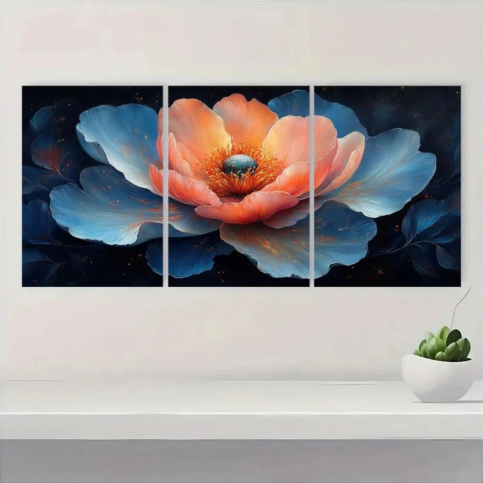 3pcs Vibrant Peony Floral Dark Blue & Orange Metal Print Ready to Hang Art