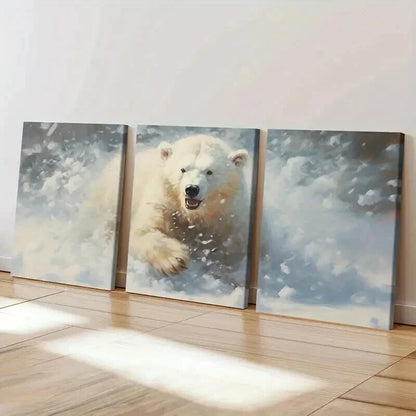 3pcs Polar Bears In The Snow Vintage Wall Art Set Canvas Framed 40x60cm - High Quality Print 100% Australian Made Wall Canvas Ready to Hang
