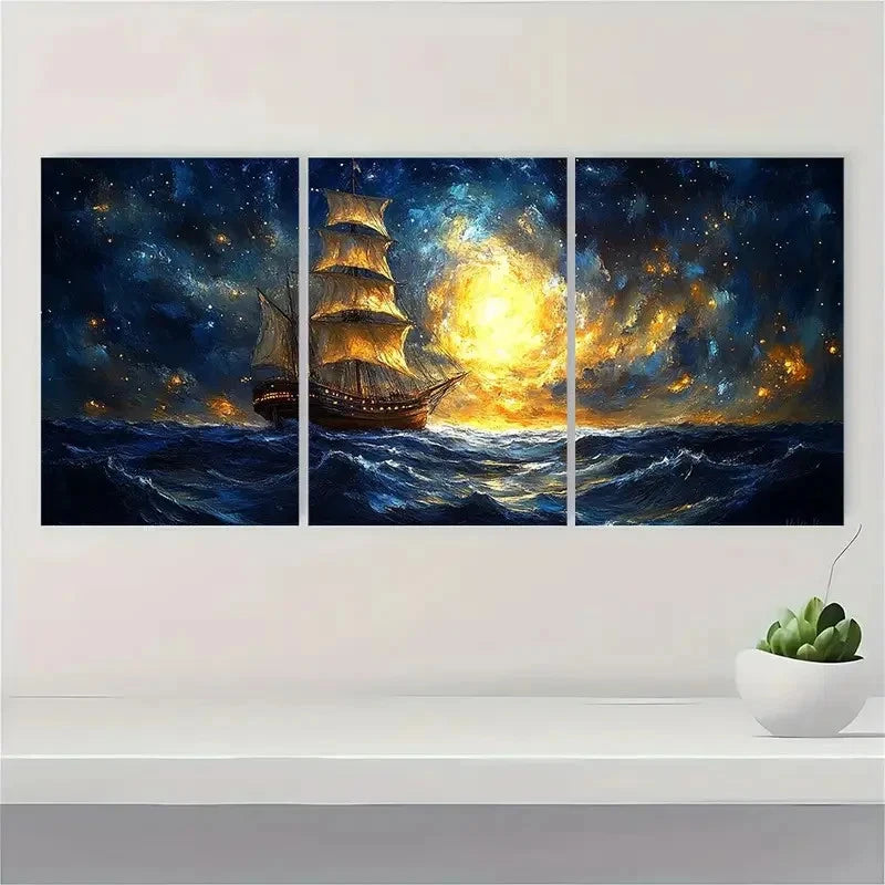 3pcs Starry Night Sky, Surreal Ship Painting J Wall Art Set Canvas Framed 50x70cm - High Quality Print 100% Australian Made Wall Canvas Ready to Hang