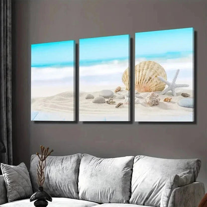 3pcs Ocean with Seashells And Sand Beach Scene Wall Art Set Canvas Framed 50x70cm - High Quality Print 100% Australian Made Wall Canvas Ready to Hang