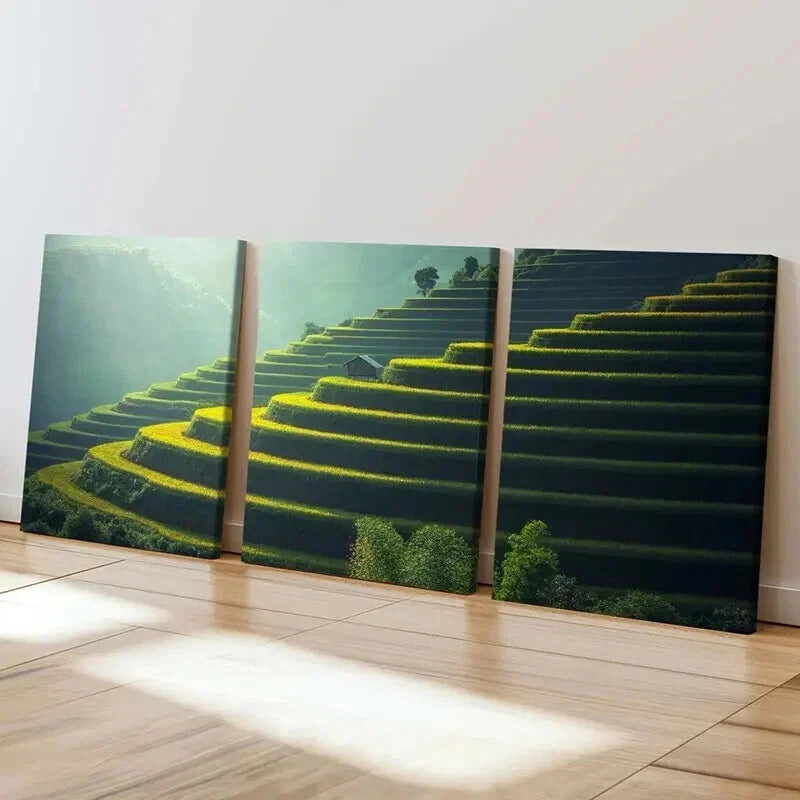 3pcs Green Geometric Terraced Fields Wall Art Set Canvas Framed 40x60cm - High Quality Print 100% Australian Made Wall Canvas Ready to Hang