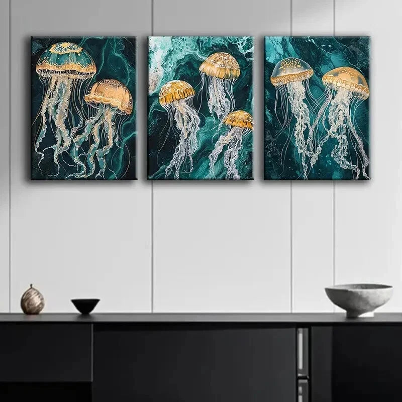 3pcs Jellyfish Design Dark Color Perfect Wall Art Set Canvas Framed 60x90cm - High Quality Print 100% Australian Made Wall Canvas Ready to Hang