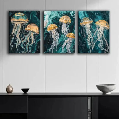 3pcs Jellyfish Design Dark Color Perfect Wall Art Set Canvas Framed 60x90cm - High Quality Print 100% Australian Made Wall Canvas Ready to Hang