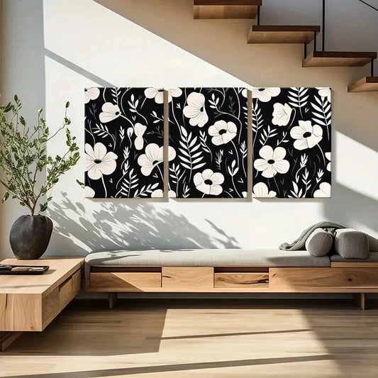 3pcs Elegant Black & White Floral Prints Wall Art Set Canvas Framed 40x60cm - High Quality Print 100% Australian Made Wall Canvas Ready to Hang