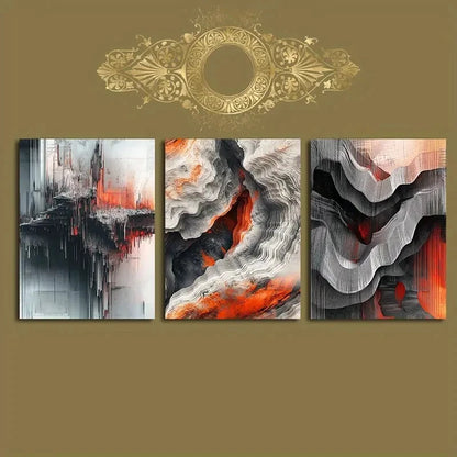 3pcs Rock Texture Gray &amp; Orange Metal Print Ready to Hang Art