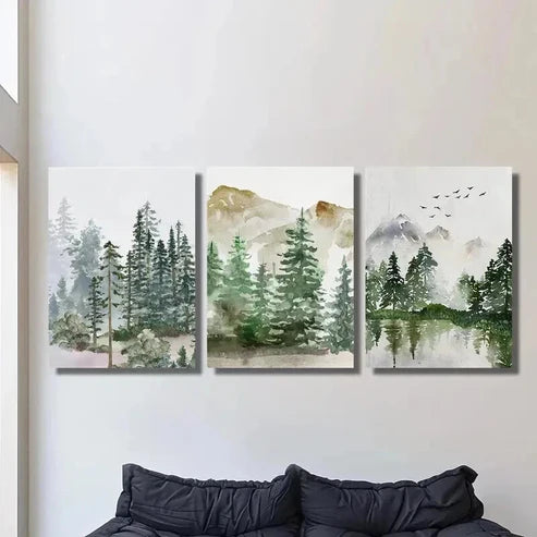 3pcs Sage Green Forest Mountain Nature Wall Art Canvas Unframed – High Quality Print 100% Australian Made Wall Canvas