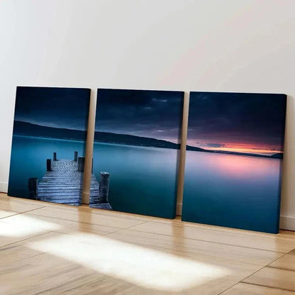 3pcs Sunset Lake & Mountain Pier View  Wall Art Set Canvas Framed 40x60cm - High Quality Print 100% Australian Made Wall Canvas Ready to Hang