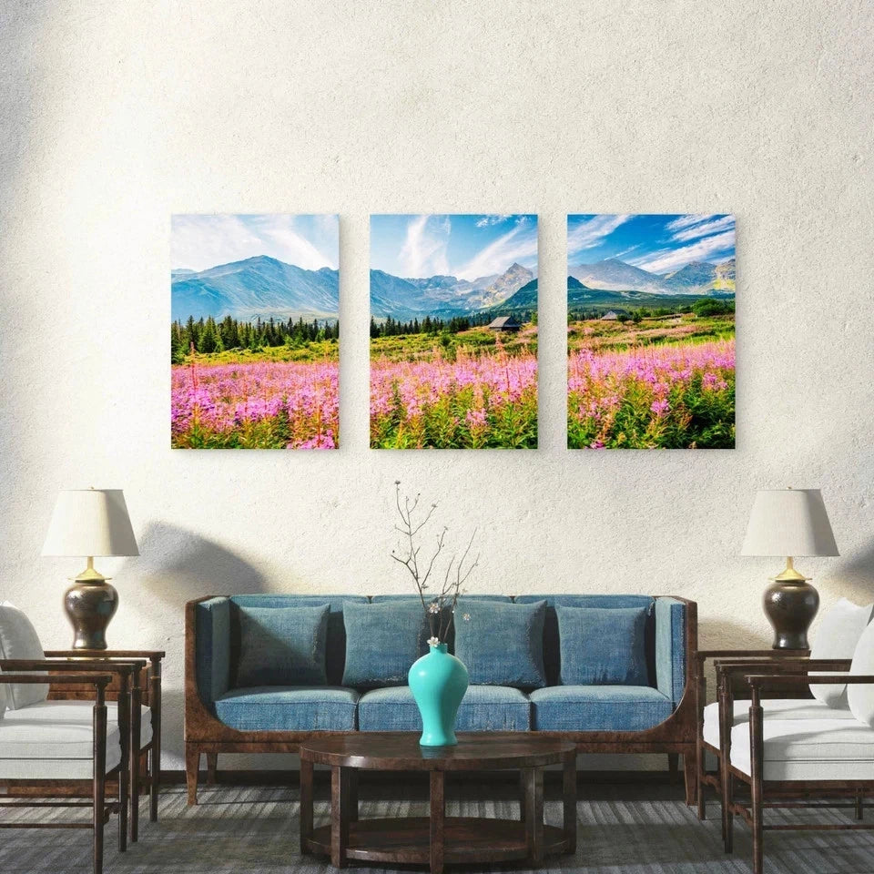 3pcs Purple Wildflowers In Mountain Valley Wall Art Set Canvas Framed 60x90cm - High Quality Print 100% Australian Made Wall Canvas Ready to Hang