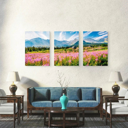 3pcs Purple Wildflowers In Mountain Valley Wall Art Set Canvas Framed 60x90cm - High Quality Print 100% Australian Made Wall Canvas Ready to Hang