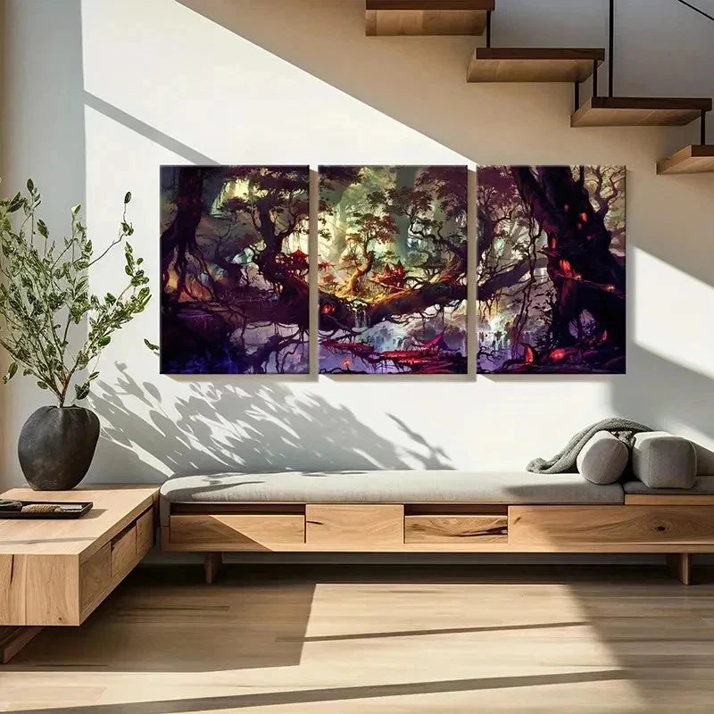 3pcs Fantasy Tree House Vintage Wall Art Set Canvas Framed 40x60cm - High Quality Print 100% Australian Made Wall Canvas Ready to Hang
