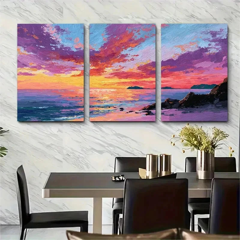 3pcs Sunset Beach Vibrant Coastal Scene Perfect Wall Art Set Canvas Framed 40x60cm - High Quality Print 100% Australian Made Wall Canvas Ready to Hang