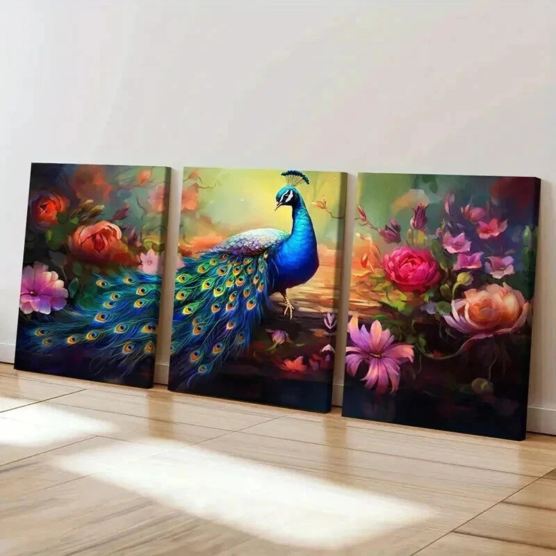 3pcs Peacock & Flower Abstract Aesthetic Wall Art Set Canvas Framed 40x60cm - High Quality Print 100% Australian Made Wall Canvas Ready to Hang