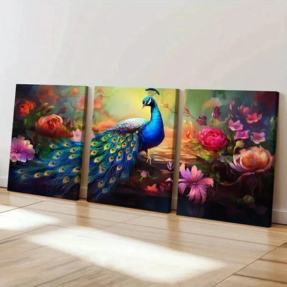 3pcs Peacock & Flower Abstract Aesthetic Wall Art Set Canvas Framed 40x60cm - High Quality Print 100% Australian Made Wall Canvas Ready to Hang