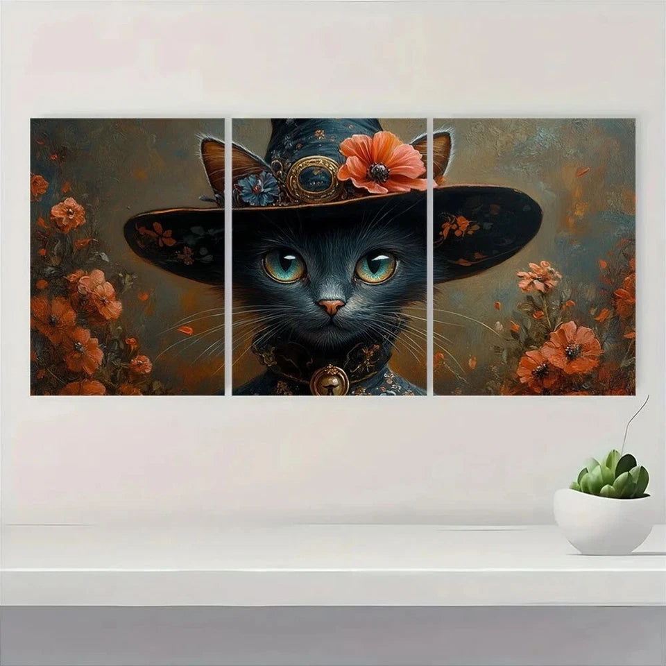 3pcs Witch Cat with Flower Cap Oil Painting Metal Print Ready to Hang Art
