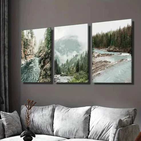 3pcs Misty Mountains & Pine Trees Landscape Wall Art Set Canvas Unframed - High Quality Print 100% Australian Made Wall Canvas