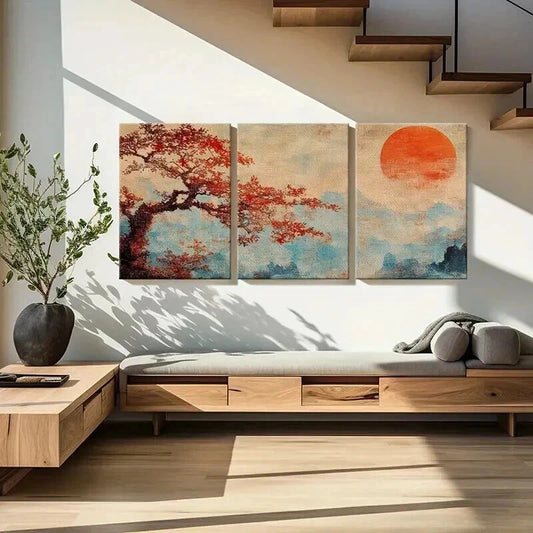 3pcs Vintage Autumn Tree & Sunset Landscape Wall Art Set Canvas Framed 40x60cm - High Quality Print 100% Australian Made Wall Canvas Ready to Hang