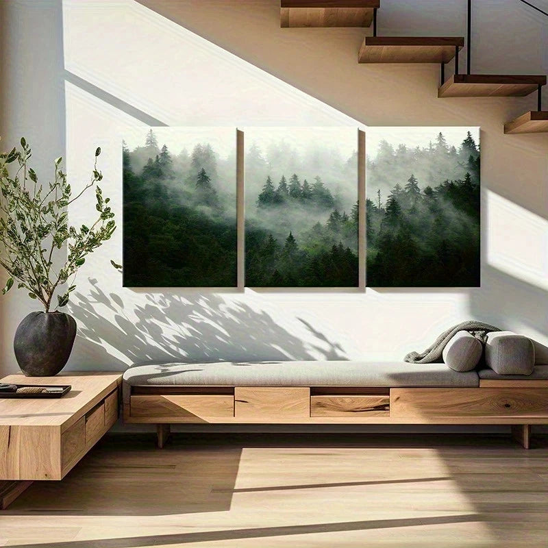 Modern living room with wooden furniture, a plant, and wall art of forest scenes.