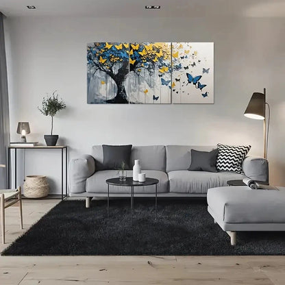 3pcs Abstract Butterfly Tree Blue & Golden Metal Print Ready to Hang Art