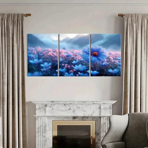 3pcs Blue Pink & Purple Wildflower Field Wall Art Canvas Unframed - High Quality Print 100% Australian Made Wall Canvas